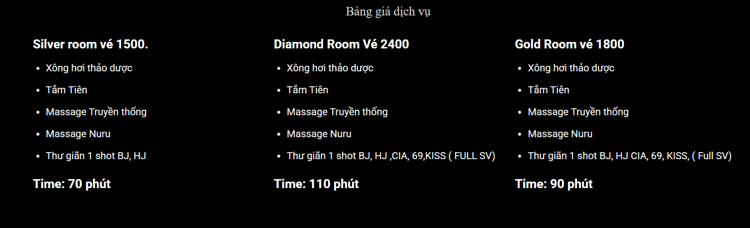Bảng giá dịch vụ tại Vip Massage Nuru 